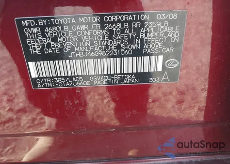 2008 Lexus Es 350 from USA, damaged, VIN JTHBJ46G982231060